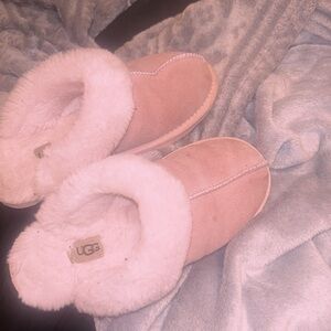 UGG Pink Suede Slippers with White Fur Lining